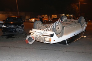 Աբովյան քաղաքում բախվել են ГАЗ 32105-ն ու ВАЗ 2104-ը. վերջինը գլխիվայր շրջվել է. shamshyan.com